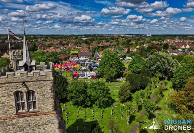 Aerial drone image of a church tower and grounds